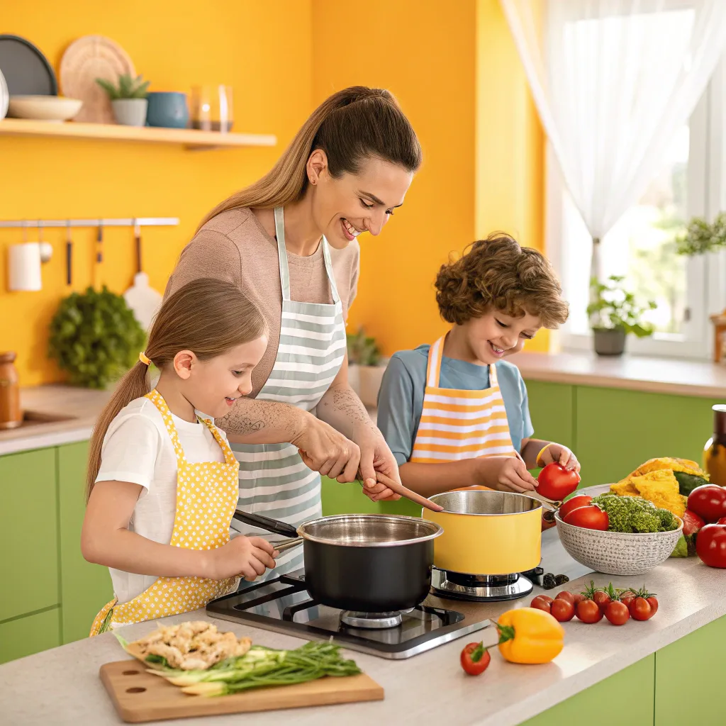 Family cooking in a vibrant kitchen